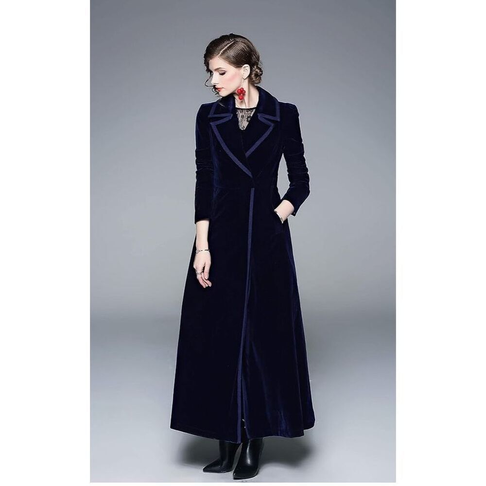 NWT Women's Elegant Velvet One Button Maxi Trench Coat Pocket Party Overcoat